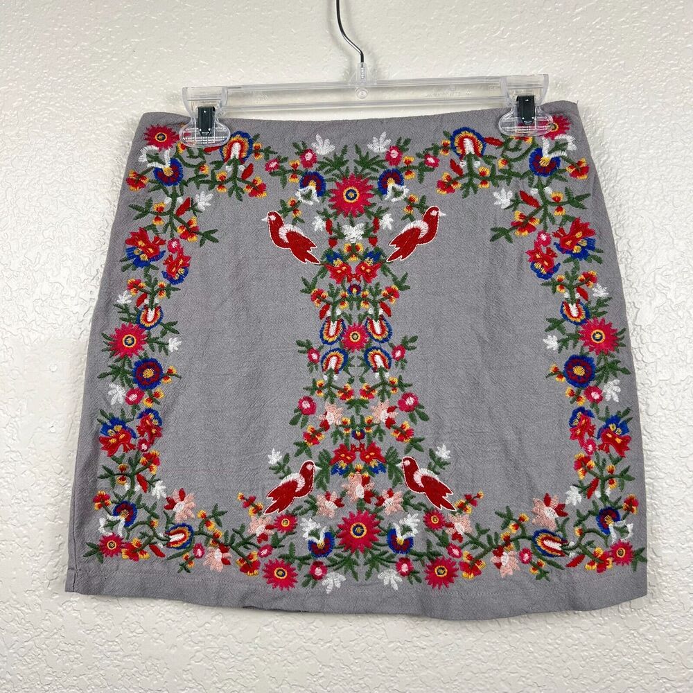 Umgee Womens Floral Bird Embroidered Boho Gray A-Line Skirt S